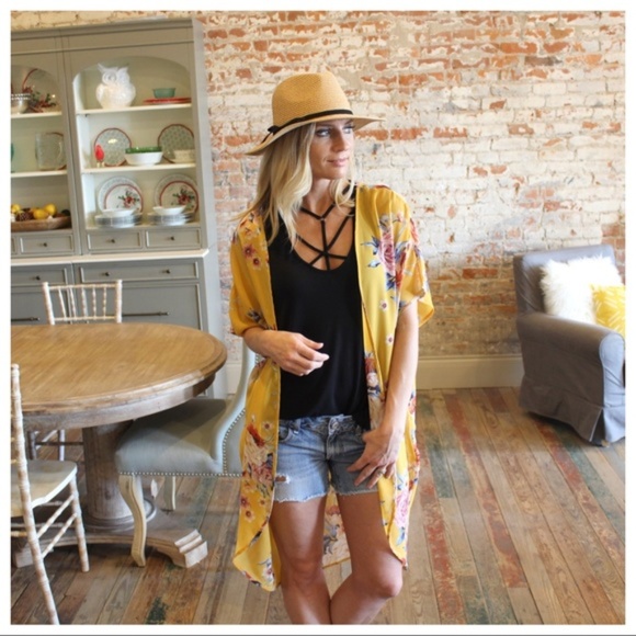Infinity Raine Sweaters - Yellow Floral Chiffon Kimono/Coverup